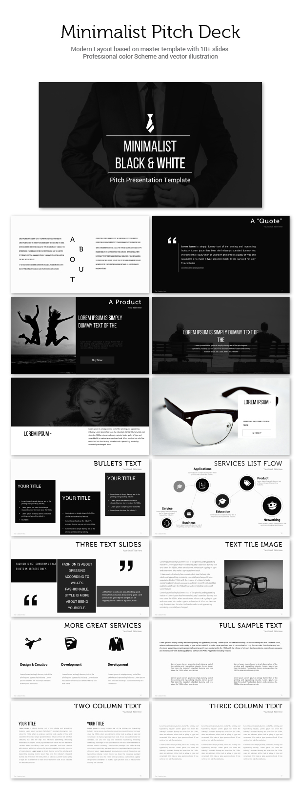 Black and white Pitch powerpoint template, minimal powerpoint template