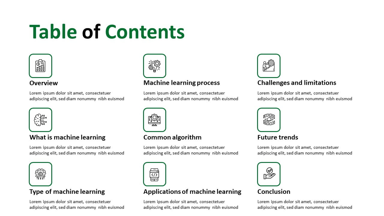 Machine Learning table of content, Machine Learning PPT template, Machine Learning google slides